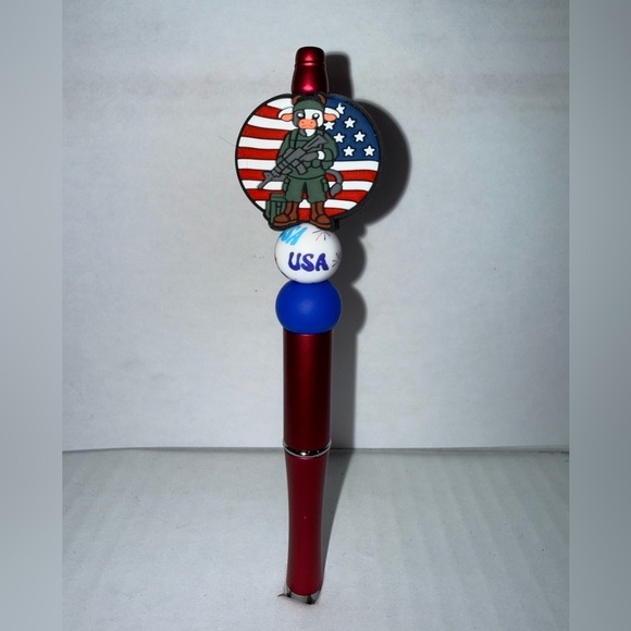 Handmade Beaded Pen- Patriotic Red Pen with Cow Soldier Design and silicone bead - Picture 1 of 2